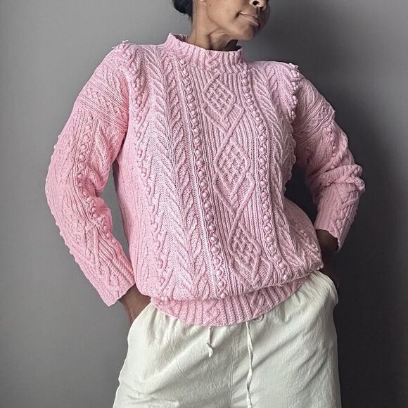 Vintage Express Hand Knitted Sweater Pom Pom Knit Mock Neck Pink Women’s Size M - Picture 1 of 12